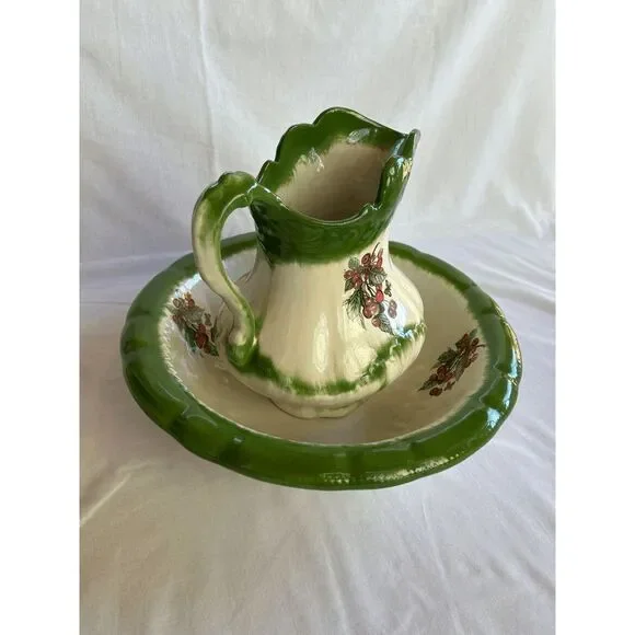 Vintage Iron Stone Wash Bowl/Basin and Vase/Pitcher Set White/Green